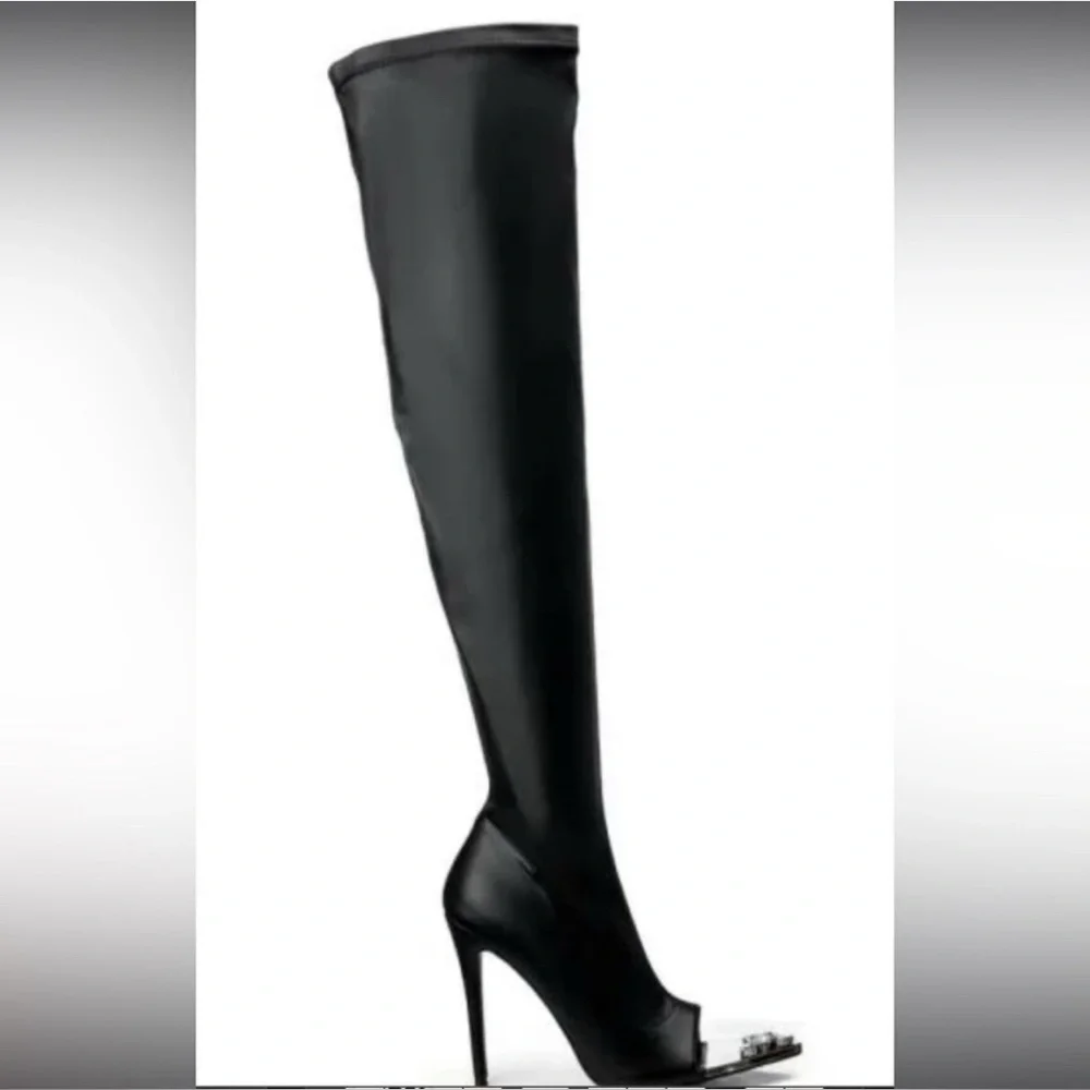 Azalea Wang “Clover” Over-the-Knee Peep-Toe Boots Size 9 Black